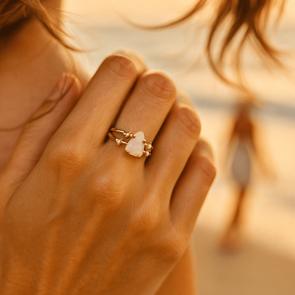 Anello in argento 925 con pietra di luna e decorazioni dorate