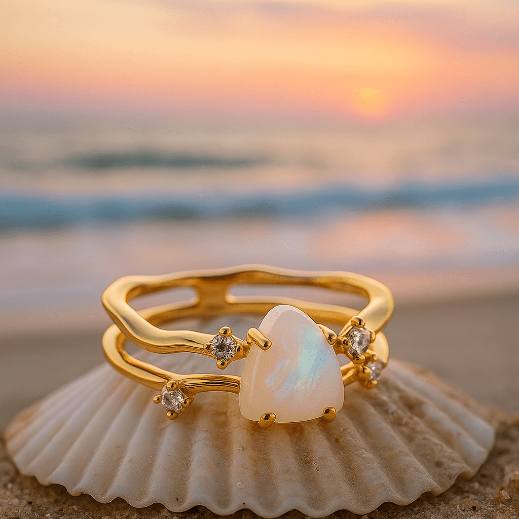 Anello in argento 925 con pietra di luna e decorazioni dorate